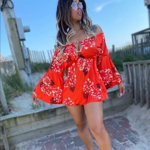 Summer Beauty Orange Minidress Off Shoulder Tunic Floral Beach Coverup